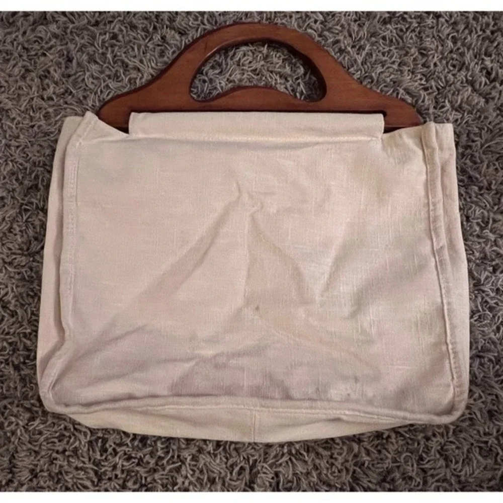 Vintage‎ Linen Peacock Wooden Handle Handbag W/Rhinestones 10"x13x3" - Picture 6 of 13